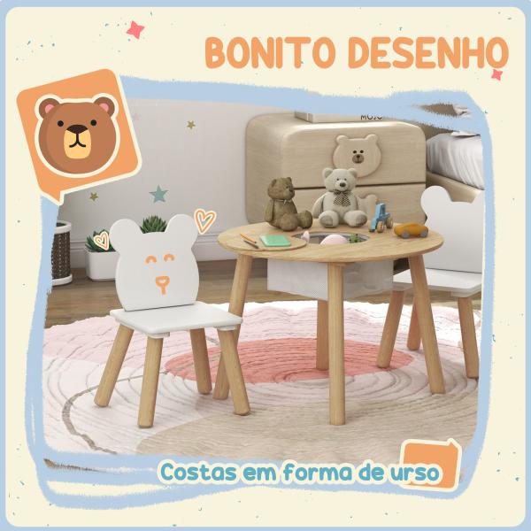 Mesa Infantil com 2 Cadeiras com Espaço de Arrumação para Crianças de 3 - 6 Anos para Sala de Jogos Dormitório Madeira e Branco