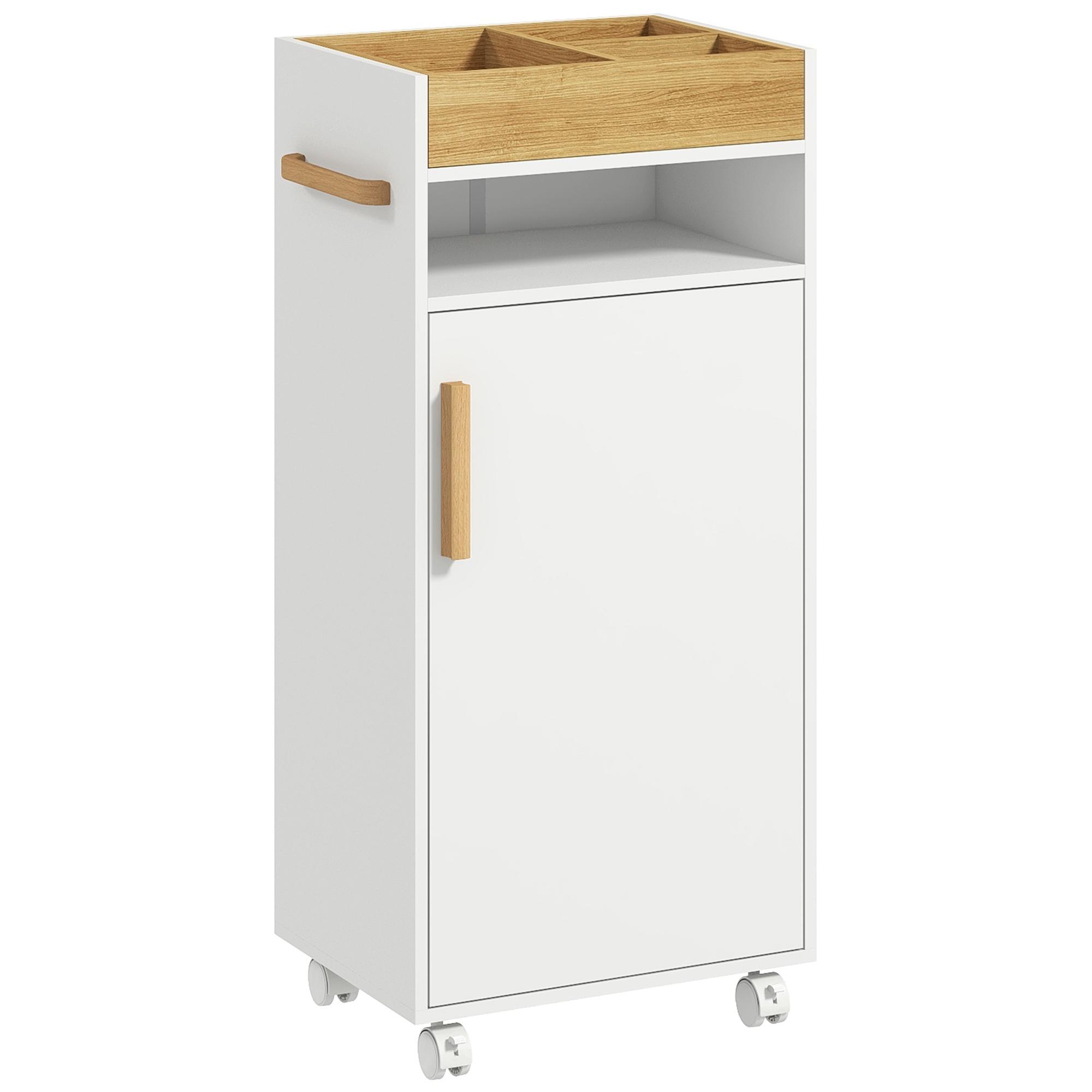 Armário Casa de Banho Moderno com Prateleiras Ajustáveis Armário Bandeja Amovível e Rodas 40x30x88 cm Branco e Carvalho
