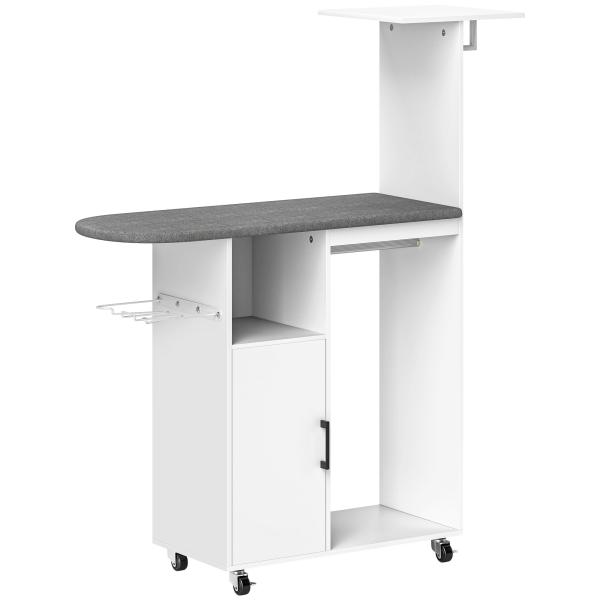 Móvel de Engomar Roupa com Rodas e Suporte Lateral Móvel com Tábua de Passar Barra para Roupa Prateleira 127,5x43,5x153 cm Branco