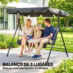 Baloiço de Jardim de 3 Lugares com Almofada Toldo Ajustável e Estrutura de Aço para Balcão Terraço 172x110x153 cm Preto