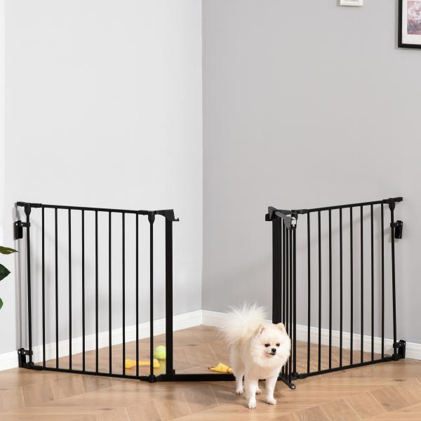 Barreira de Segurança para Animais de Estimação Barreira Dobrável de 3 Painéis com Fechadura Inteligente para Corredor Escada 180x74,5cm Preto