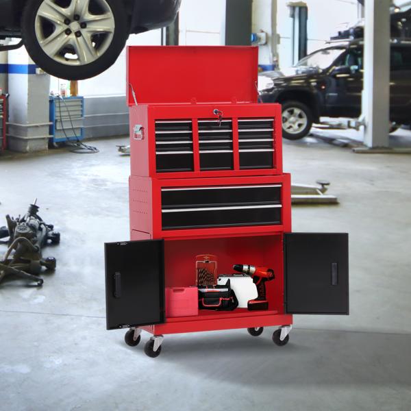 Carrinho de Ferramentas com Baú Superior 6 Gavetas Armário Fechadura e 4 Ganchos para Garagem 61,6x33x108 cm Vermelho
