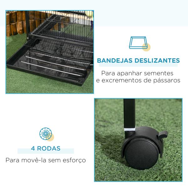 Gaiola para Pássaros com Rodas de 2 Níveis com Bandejas Removíveis Portas Comedouros Poleiros 51,5x50x140 cm Preto
