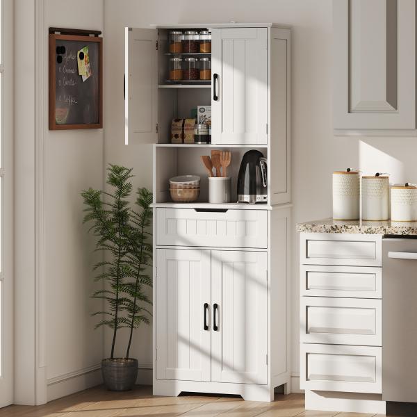 Armário Despenseiro de Cozinha 172 cm com Bancada Aberta, 4 Portas, Gaveta e 2 Prateleiras Ajustáveis, Branco