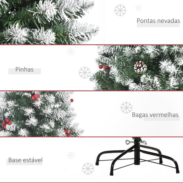 Árvore de Natal Artificial 180 cm Ignífugo com 618 Ramos 34 Bagas 30 Pinhas Folhas de PVC e Suporte Metálico Ø65x180cm Verde