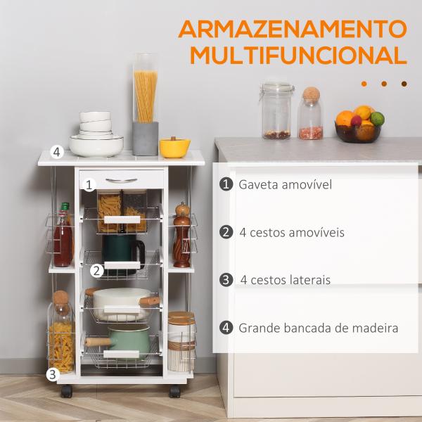 Carrinho de Cozinha com Rodas Gaveta 4 Cestas de Metal e 4 Suportes para Temperos Laterais 57x37x83cm Branco