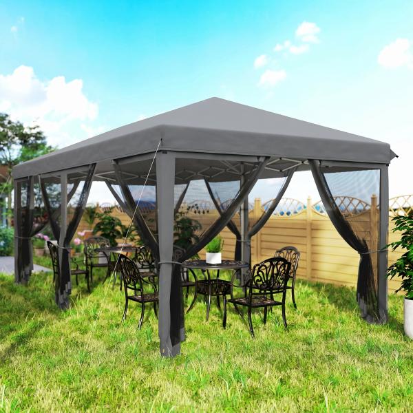 Tenda Dobrável 585x295x270 cm Tenda de Jardim com 6 Mosquiteiros Bolsa de Transporte e Estrutura de Aço Cinza