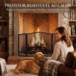 Resguardo Anti - Faíscas para Lareira Dobrável de 3 Painéis em Metal com Design Floral para Casa 107x60 cm Preto