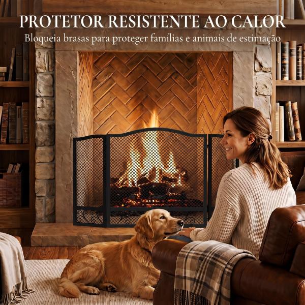 Resguardo Anti - Faíscas para Lareira Dobrável de 3 Painéis em Metal com Design Floral para Casa 107x60 cm Preto