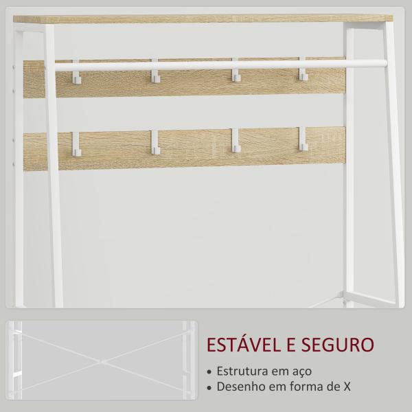 Móvel Cabide de Entrada com Banco Sapateira 8 Ganchos 2 Gavetas de Tecido Barra Prateleira 80x30x180,5 cm Branco e Madeira