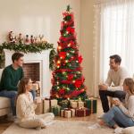 Árvore de Natal Artificial 180 cm com 150 Luzes LED 200 Ramos 11 Modos Bolas Fitas e Suporte Dobrável Verde e Vermelho