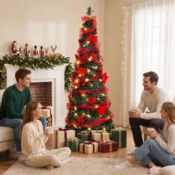 Árvore de Natal Artificial 180 cm com 150 Luzes LED 200 Ramos 11 Modos Bolas Fitas e Suporte Dobrável Verde e Vermelho