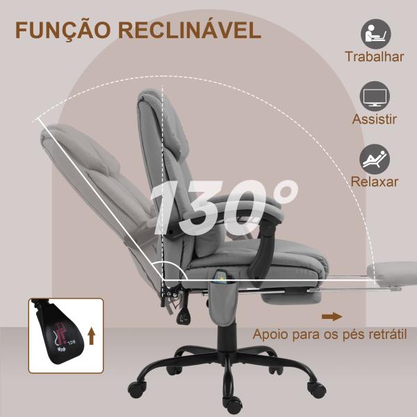 Cadeira de Escritório com Massagem de 6 Pontos Encosto Alto Reclinável Apoio para Pés e Controlo Remoto 66x75x112 - 122 cm Cinza