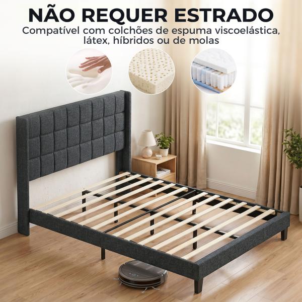 Cama de Casal 135x190 cm com Cabeceira Estofada com Laterais e Arrumação Inferior, Cinzento