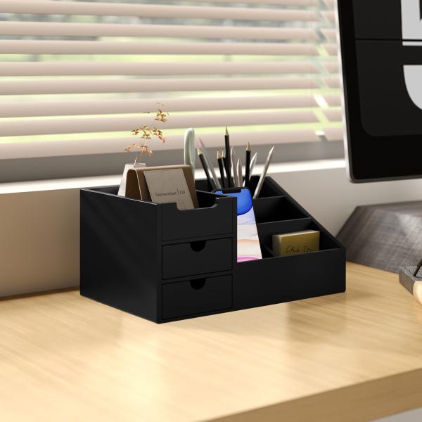 Organizador para Secretária de Bambu Organizador de Mesa de Escritório Multifuncional 33x20,5x15,5 cm Preto