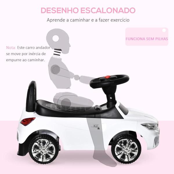 Carro Andador para Crianças de 18 - 36 Meses com Faróis Música Buzina Volante Compartimento de Armazenamento e Alça para Empurrar 63,5x28x36 Branco