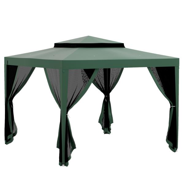 Pérgola de Jardim com 4 Mosquiteiras Teto Duplo 8 Orifícios de Drenagem e Estrutura de Metal 297x297x268 cm Verde