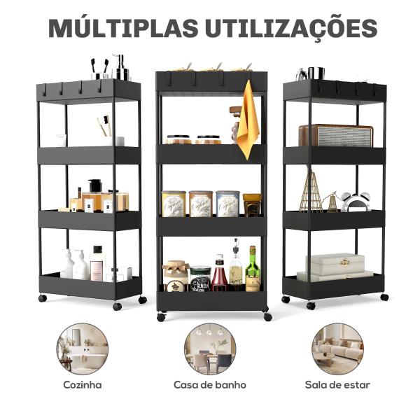 Carrinho Auxiliar com Rodas Carrinho de Armazenamento com 4 Cestas e 4 Ganchos Amovíveis 40x19x90 cm Preto