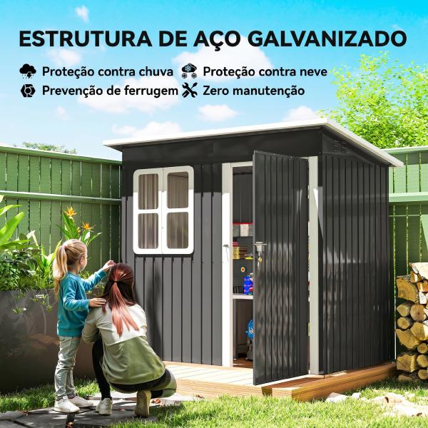 Abrigo de Jardim Exterior 2,55 m² 221x133x190 cm com Janela Porta com Fechadura e Ventilações Cinzento Escuro