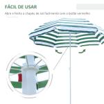 Chapéu de Sol de Praia Ø180cm com Teto Inclinável e Mastro de Metal Proteção Solar para Jardim Terraço Exterior Listras Verdes e Branco