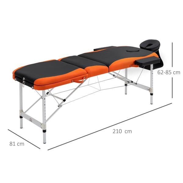 Marquesa de Massagem Dobrável e Portátil com Altura Ajustável e Apoio para a Cabeça 210x81x62 - 85 cm Laranja e Preto