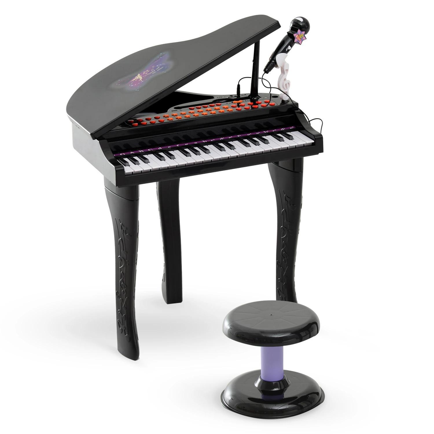 Piano para Crianças com 37 Teclas Microfone Banco Luzes 22 Músicas e Entrada para MP3 e USB 48x39x69 cm Preto
