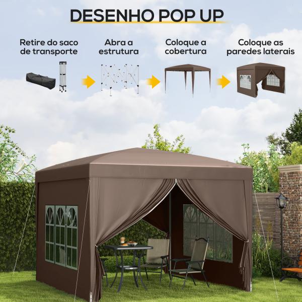 Tenda de Jardim com Paredes Laterais Amovíveis Janelas Porta com Fecho de Correr e Bolsa de Transporte 295x295x196 - 258 cm Café