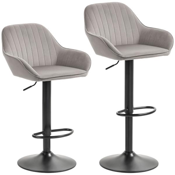 Conjunto de 2 Bancos de Bar Giratórios em Veludo, Altura Ajustável 62 - 83 cm, com Encosto e Apoio para os Pés, Cinzento