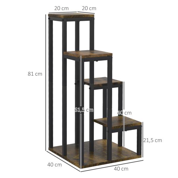Suporte para Plantas de 4 Níveis com Base, Estante para Vasos para Interior e Exterior, 40x40x81 cm, Castanho