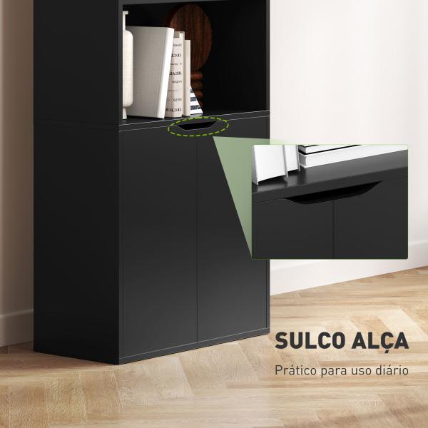 Estante para Livros de 6 Níveis Portas e 4 Prateleiras Abertas para Sala Escritório 59x29x180 cm Preto
