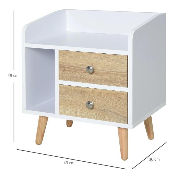 Mesa de Cabeceira com 2 Gavetas Grandes 1 Prateleira Aberta e Pés Elevados Estilo Nórdico 43x30x49 cm Branco e Madeira