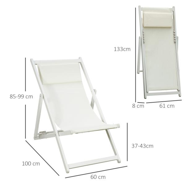 Conjunto de 2 Espreguiçadeiras Dobráveis de Alumínio com Encosto Ajustável em 5 Posições e Apoio de Cabeça 60x100x85 cm Branco