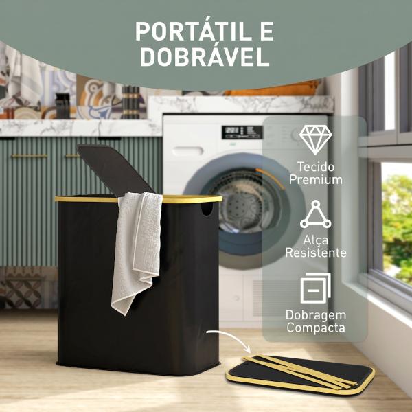 Cesto para Roupa Suja Dobrável com Tampa 80 L em Tecido não Tecido, 2 Compartimentos, Preto