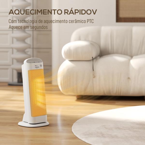 Aquecedor Elétrico de Baixo Consumo 2000W PTC com 4 Modos Termóstato Regulável Oscilação de 55° 20x20x49 cm Branco