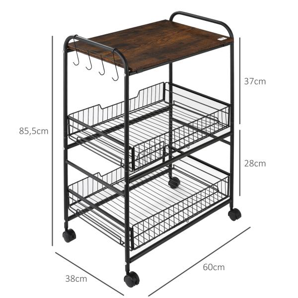 Carrinho de Cozinha com Rodas Carrinho Auxiliar de 3 Níveis com 2 Cestas e 4 Ganchos 60x38x85,5 cm Castanho Rústico