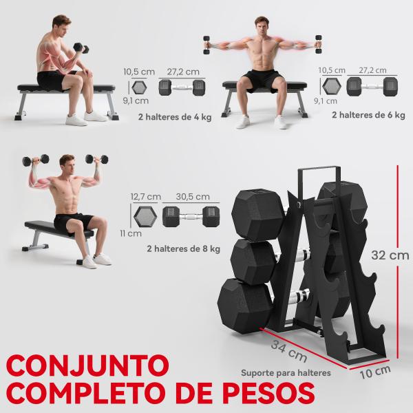 Conjunto de Halteres 2x4kg 2x6kg 2x8kg com Suporte de Armazenamento para Exercício e Treino Preto