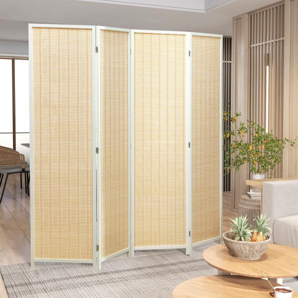 Biombo de 4 Painéis Dobrável Separador de Ambientes Tecido a Mão de Bambu e Fio de Algodão 180x180 cm Branco