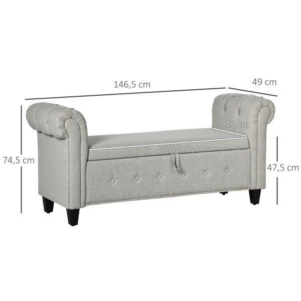 Banco de Pé de Cama de Linho com Dobradiças na Tampa Pés de Madeira e Apoio para os Braços 146,5x49x74,5cm Cinza Claro