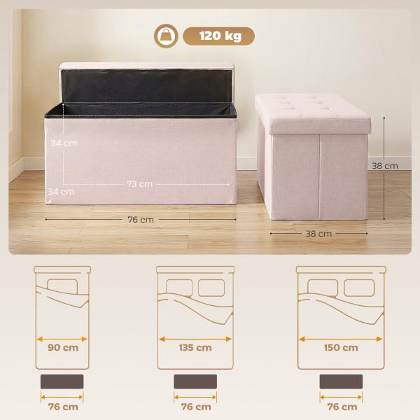Puff de Arrumação Banco Dobrável 84 L 76x38x38 cm Estofado em Linho Sintético, Baú de Arrumação Rosa