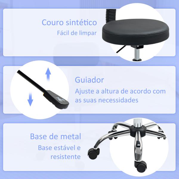 Banco Giratório Banco com Rodas e Encosto Banco de Trabalho com Altura Ajustável 78 - 93 cm Estofado em Couro Sintético Preto