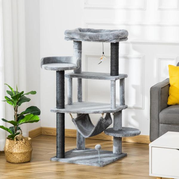 Árvore Arranhadora para Gatos 48x48x107cm com Caverna de Feltro Desmontável Rede Camas de Felpa Múltiplas Plataformas Poste Arranhador de Sisal e Brinquedos Cinza