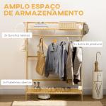 Suporte para Cabide de Bambu com 2 Prateleiras de Armazenamento 2 Ganchos Laterais e Barra Suspensa 114x40x139 cm Madeira