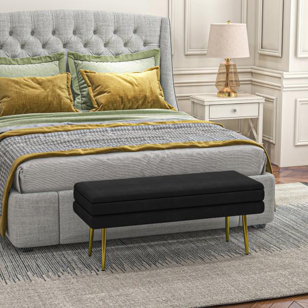 Baú de Arrumação para Quarto 39 L em Veludo com Pés de Aço 100x37,5x42 cm Preto