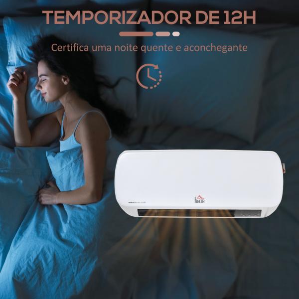 Aquecedor Cerâmico de Parede 1000W/2000W com Controle Remoto 3 Modos de Aquecimento Temporizador de 12h Termostato e Proteção contra Superaquecimento 45x18,6x11,5cm Branco