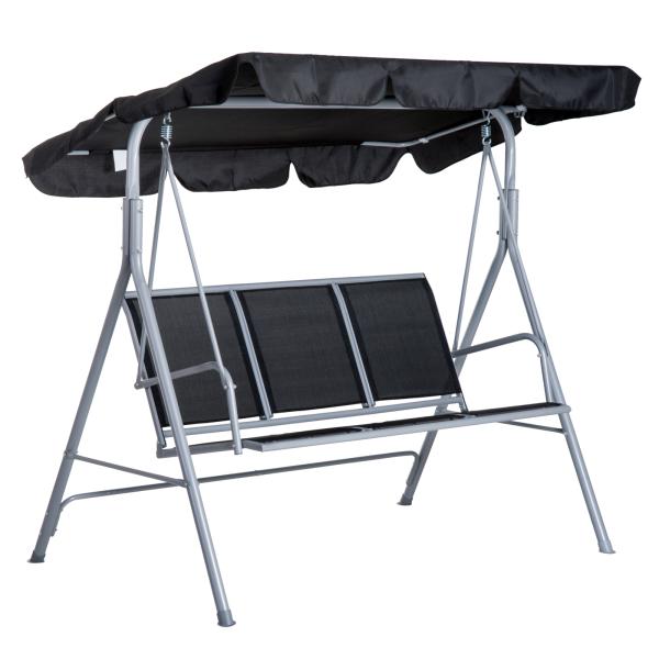 Baloiço de Jardim Exterior de 3 Lugares com Toldo Ajustável, Encosto Respirável e Estrutura Metálica para Terraço e Varanda, Suporta até 240 kg, 171x108x150 cm, Preto