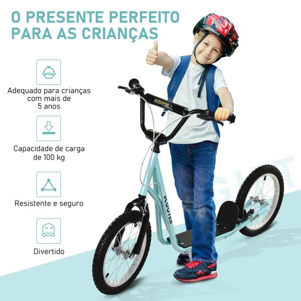 Trotinete com Guiador Ajustável 2 Pneus de Borracha Insufláveis com Travagem Dupla e Rodas 16" 139x58x90 - 96 cm Azul