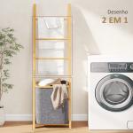 Estante para Casa de Banho de Bambu com 3 Barras e Cesto para Roupa Suja Removível de 48 L 43x35x133 cm Cinzento