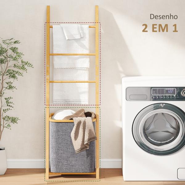 Estante para Casa de Banho de Bambu com 3 Barras e Cesto para Roupa Suja Removível de 48 L 43x35x133 cm Cinzento