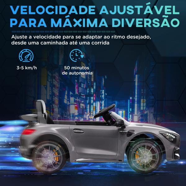 Carro Elétrico para Crianças Carro Mercedes - Benz AMG GTR com Bateria 12V Faróis Buzina e Música 108x67x46 cm Prata