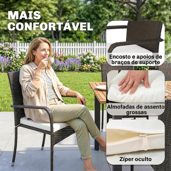 Conjunto de Mesa e Cadeiras de Jardim em Vime 7 Peças com Mesa Extensível em Madeira e 6 Cadeiras Empilháveis Creme